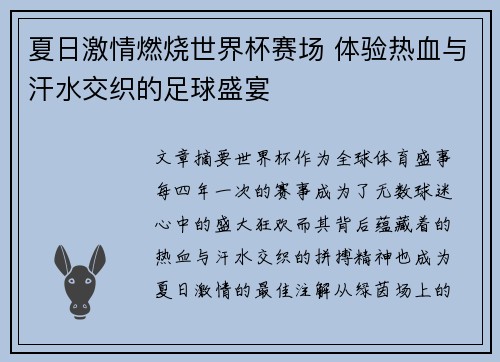 夏日激情燃烧世界杯赛场 体验热血与汗水交织的足球盛宴